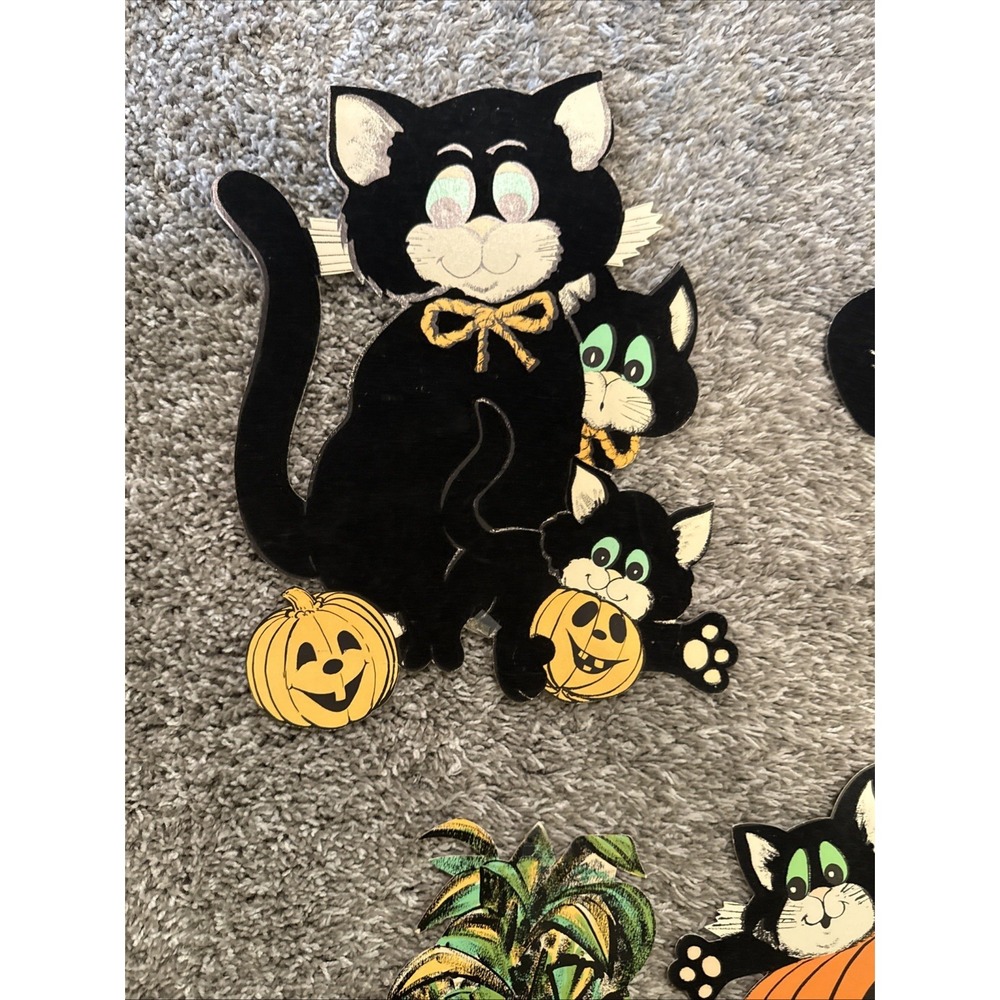 Vintage Die Cut Felt Halloween Decor Green Eyed Black Cat Lot Of 7 - Picture 2 of 11